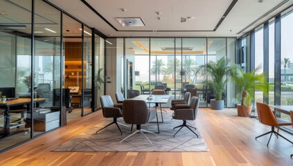 A modern office space with glass walls, wooden flooring and plants in an open plan interior design Generative AI
