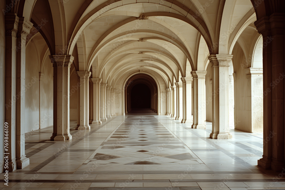 Poster an ancient arched corridor. background image. created with generative ai technology.