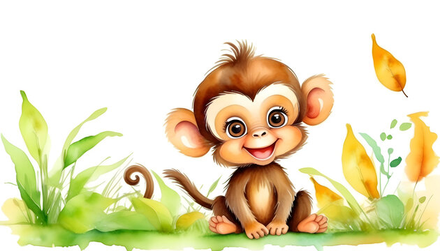 A watercolor painting of a baby monkey sitting on grass with colorful leaves and a white background