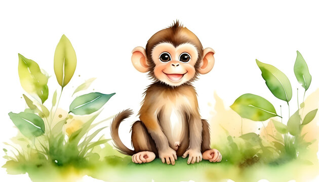 A watercolor painting of a cute baby monkey sitting on the grass with vibrant leaves in the background