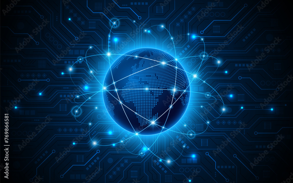 Leinwandbilder Global connection network background. World map with technology circuit boards. Internet technology concept or global communication