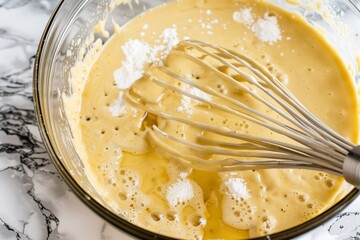 whisking batter in a bowl for waffles - 769866539