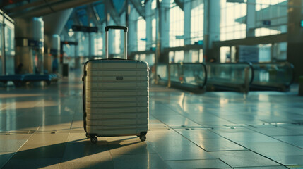 An unattended white suitcase stands alone in a sun-bathed airport terminal, symbolizing solo travel and the start of a journey