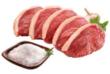 fatias de carne bovina crua acompanhado de pote de sal grosso isolado em fundo transparente
