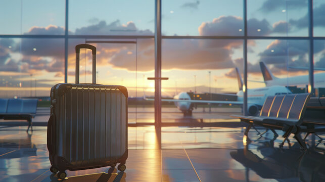 A stylish suitcase sits in an airport terminal as the setting sun casts dramatic shadows and a warm glow
