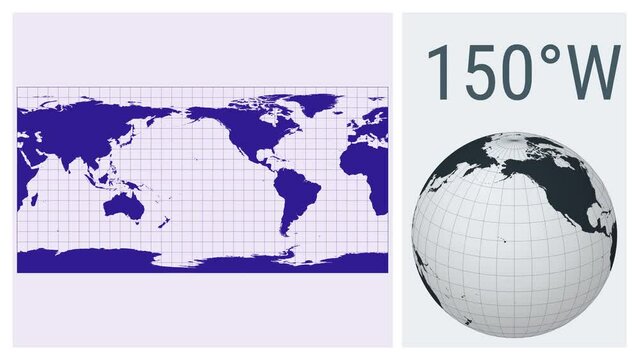 World Map Animation. Equirectangular (plate carree) projection. Solid color style. Animated world map in Equirectangular projection. Loopable animation showing longitude shift and matching globe.