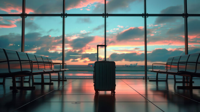 This image captures the mood of travel with an unattended suitcase against the backdrop of a dawning sky