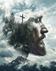 Double exposure image of Jesus Christ, Christian cross and clouds