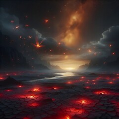 Crack field with red blood sky 