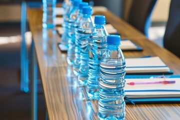 several water bottles and notepads arranged neatly on a long table - 769866993
