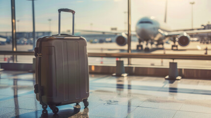 A sleek, contemporary suitcase with a golden tone stands on a polished airport floor, representing...
