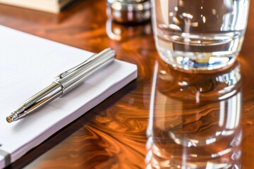 closeup of a notepad, pen, and glass of water on a polished wooden table - 769867143