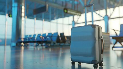 The vibrancy of an airport is captured with striking blue hues featuring a solitary suitcase