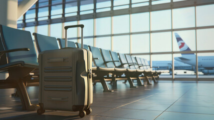 Obraz premium A travel suitcase in the foreground with a British Airways plane visible through the window in an airport setting