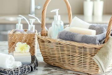 wicker basket with spa gifts, towels and soap on a marble counter - obrazy, fototapety, plakaty