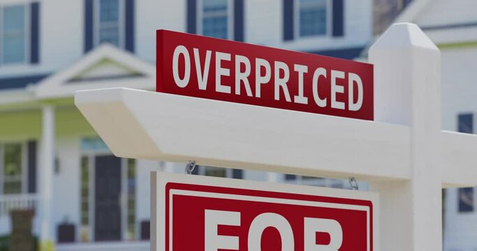 Dolly Zoom of A Overpriced For Sale Real Estate Sign with a New Home in the Background.
