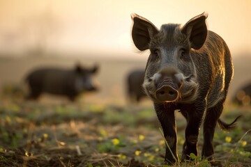 Fototapeta premium wild boar in field, dusk light fading