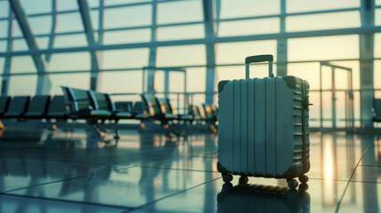 A single white suitcase rests in a serene airport scene, with dawn's early light casting a peaceful ambiance