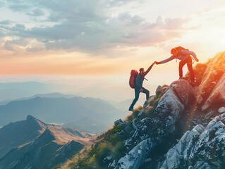 Teamwork Triumphs: Reaching the Peak Together - obrazy, fototapety, plakaty