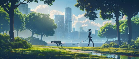 A robot walks a dog in a lush park with a futuristic cityscape in the background, showcasing harmony between technology and nature.