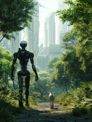 A robot leisurely walking a dog through a nature-filled park, juxtaposing technology with the natural environment.