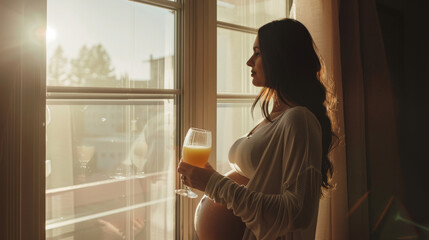 Expectant mother silhouetted against the sunrise, holding a glass of juice, embodying the calmness of early morning. - obrazy, fototapety, plakaty