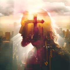 Double exposure image of Jesus Christ, Christian cross and skyscrapers - obrazy, fototapety, plakaty