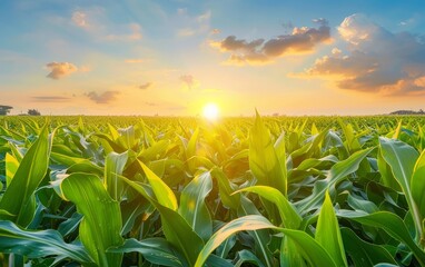 A new day begins with a brilliant sunrise filtering through the lush green cornstalks in a rural landscape.