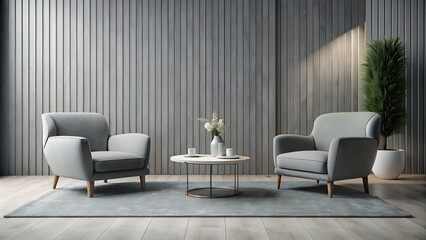 Minimalist Modern Living Room, Two Grey Lounge Chairs and Round Coffee Table Against Grey Paneling Wall