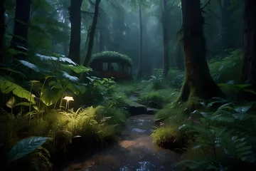 Muurstickers night forest in the forest,Experience the beauty of nature in this professional rendering of a fairy forest at night. The 4k resolution allows you to see every colorful detail, while the natural light © SEERAT