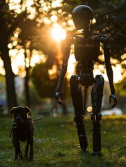 A sleek robot with a dark visor pauses attentively alongside a vigilant brown dog in the warm glow of a tree-lined street at dusk.