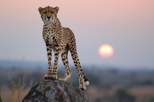 cheetah poised on a rock, sun setting horizon