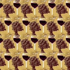 Seamless pattern with realistic bunches of grapes and glasses of red wine on gold backdrop. Suitable for wallpaper, wrapping paper or fabric design. Vector background on a wine theme in retro style - 769869310