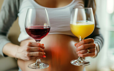 A pregnant woman contemplates her drink options, holding a glass of fresh orange juice and another of red wine, symbolizing the balance between health and indulgence during pregnancy.