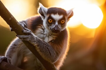 lemur on tree branch, suns last light behind - obrazy, fototapety, plakaty