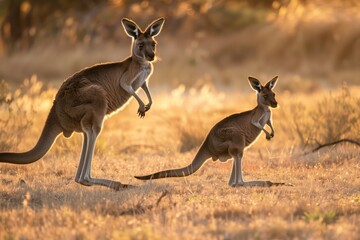 kangaroo and joey bounding, sun dipping low - obrazy, fototapety, plakaty
