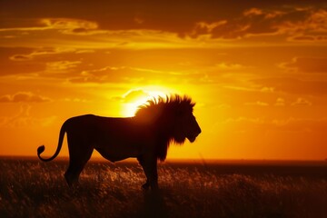 lion silhouette with sunset over savanna