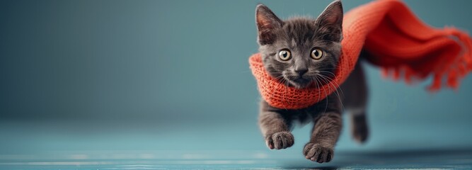 A red scarfclad Felidae kitten with whiskers and fur is scampering around - obrazy, fototapety, plakaty