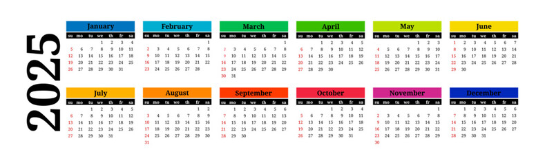 Calendar for 2025 isolated on a white background