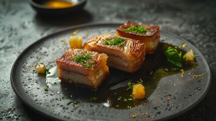 Restaurant photo, braised pork belly, pumpkin mousse, spinach mousse, basil-lime oil, parsley cake and lemon zest served on a concrete plate - obrazy, fototapety, plakaty