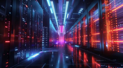 Futuristic Data Center Server Room with Artificial Intelligence Technology, 3D Render