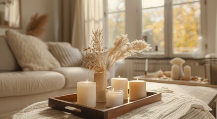 A beautiful tray decorated with candles and dried flowers sits in the living room, enhancing the atmosphere of warmth and comfort in winter - obrazy, fototapety, plakaty