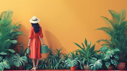 Woman in Orange Dress and Hat Among Plants