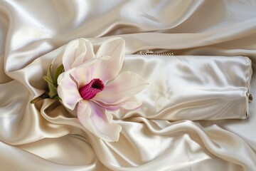 a clutch with a magnolia bloom on a satin cloth - 769870990