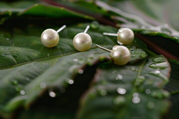 pearl earrings resting on a leaf with dewdrops - 769870995