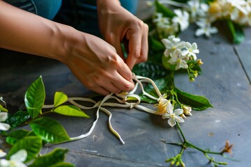 lady tying shoelaces with jasmine flowers on the side - obrazy, fototapety, plakaty