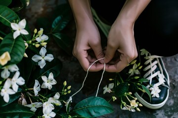 lady tying shoelaces with jasmine flowers on the side
