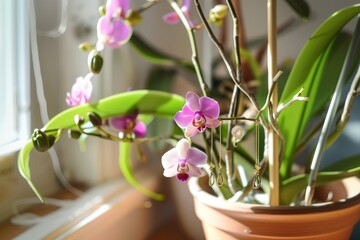 earrings hanging from the stems of orchids in a pot