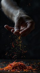 Commercial photo, chef's finger sprinkling saffron black background, suitable for banner design