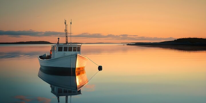 Lobster boat at sunset anchored in calm waters after a day of lobster fishing. Concept Lobster Fishing, Sunset, Lobster Boat, Calm Waters, Anchored